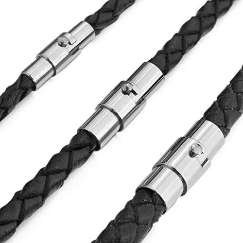 Men's 5mm Wide Stainless Steel Genuine Leather Cord Necklace Chain 14~40 Inch