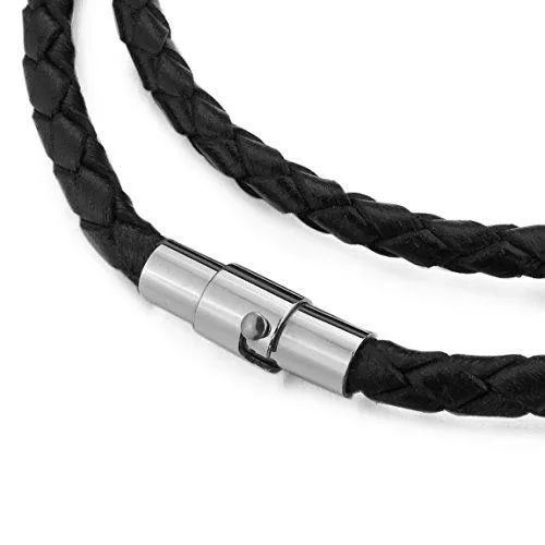 Men's 5mm Wide Stainless Steel Genuine Leather Cord Necklace Chain 14~40 Inch