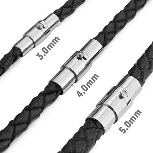 Men's 5mm Wide Stainless Steel Genuine Leather Cord Necklace Chain 14~40 Inch