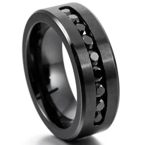 Men's 8mm Stainless Steel Ring Band CZ Black Wedding Promise