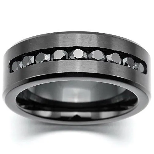 Men's 8mm Stainless Steel Ring Band CZ Black Wedding Promise