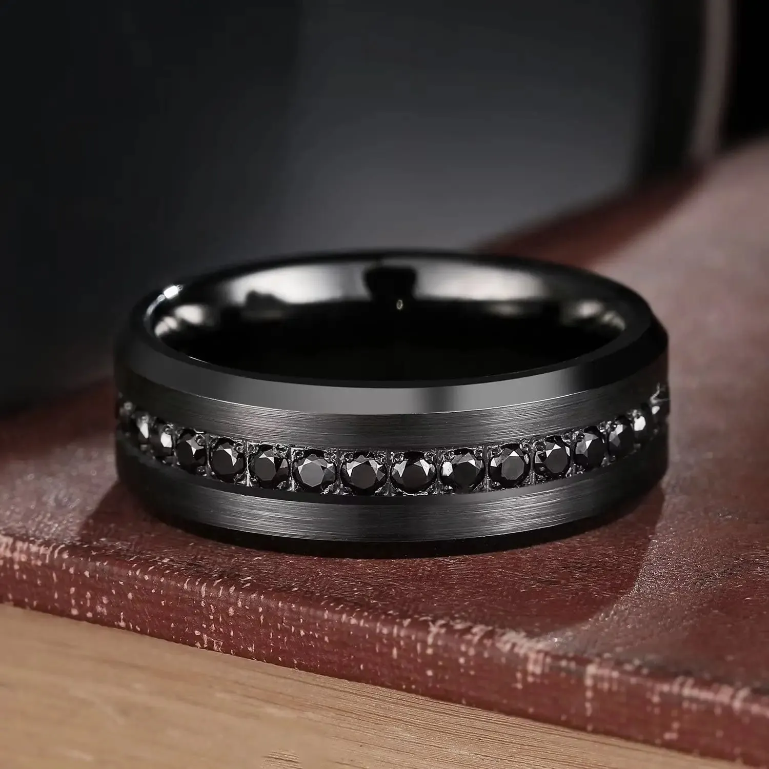 Men's 8mm Stainless Steel Ring Band CZ Black Wedding Promise