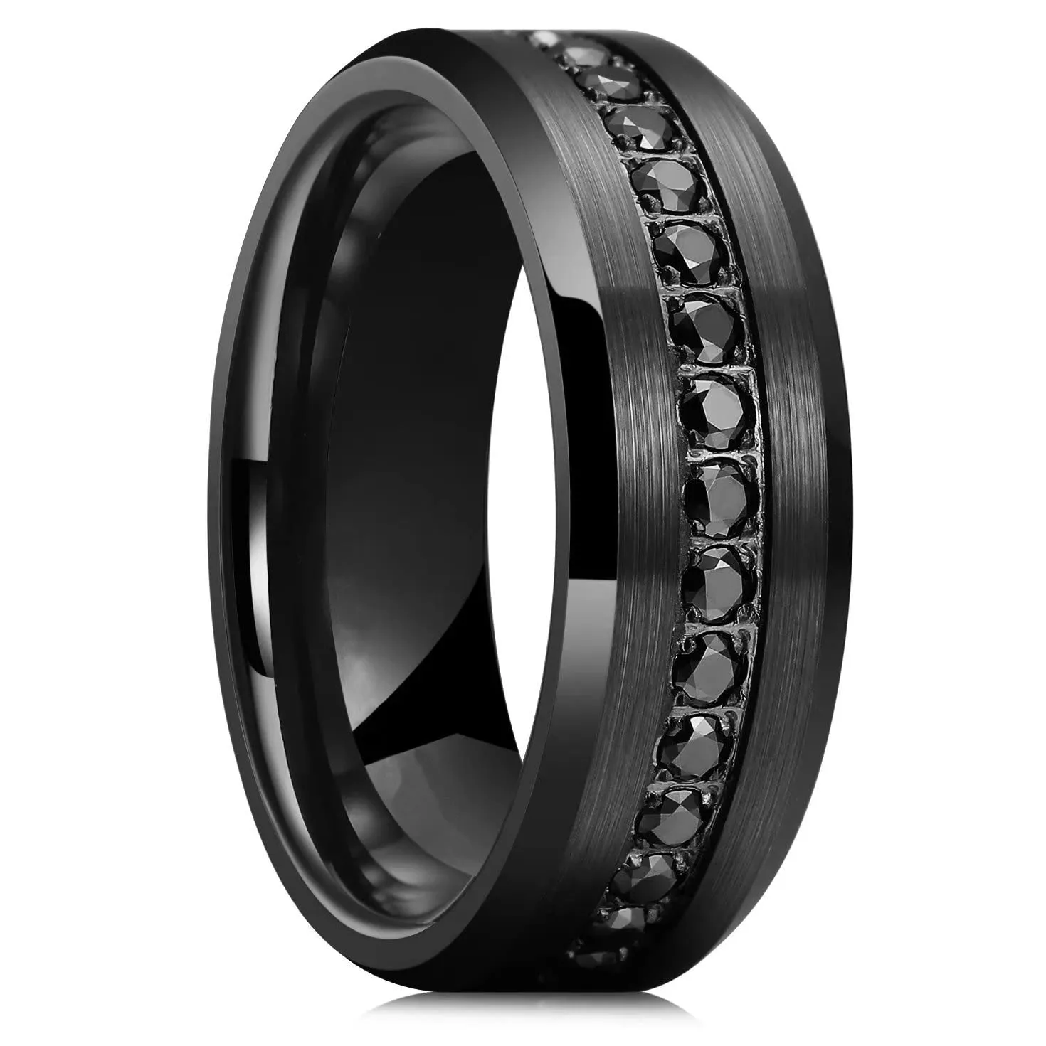 Men's 8mm Stainless Steel Ring Band CZ Black Wedding Promise