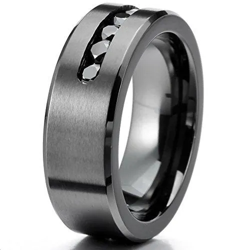 Men's 8mm Stainless Steel Ring Band CZ Black Wedding Promise