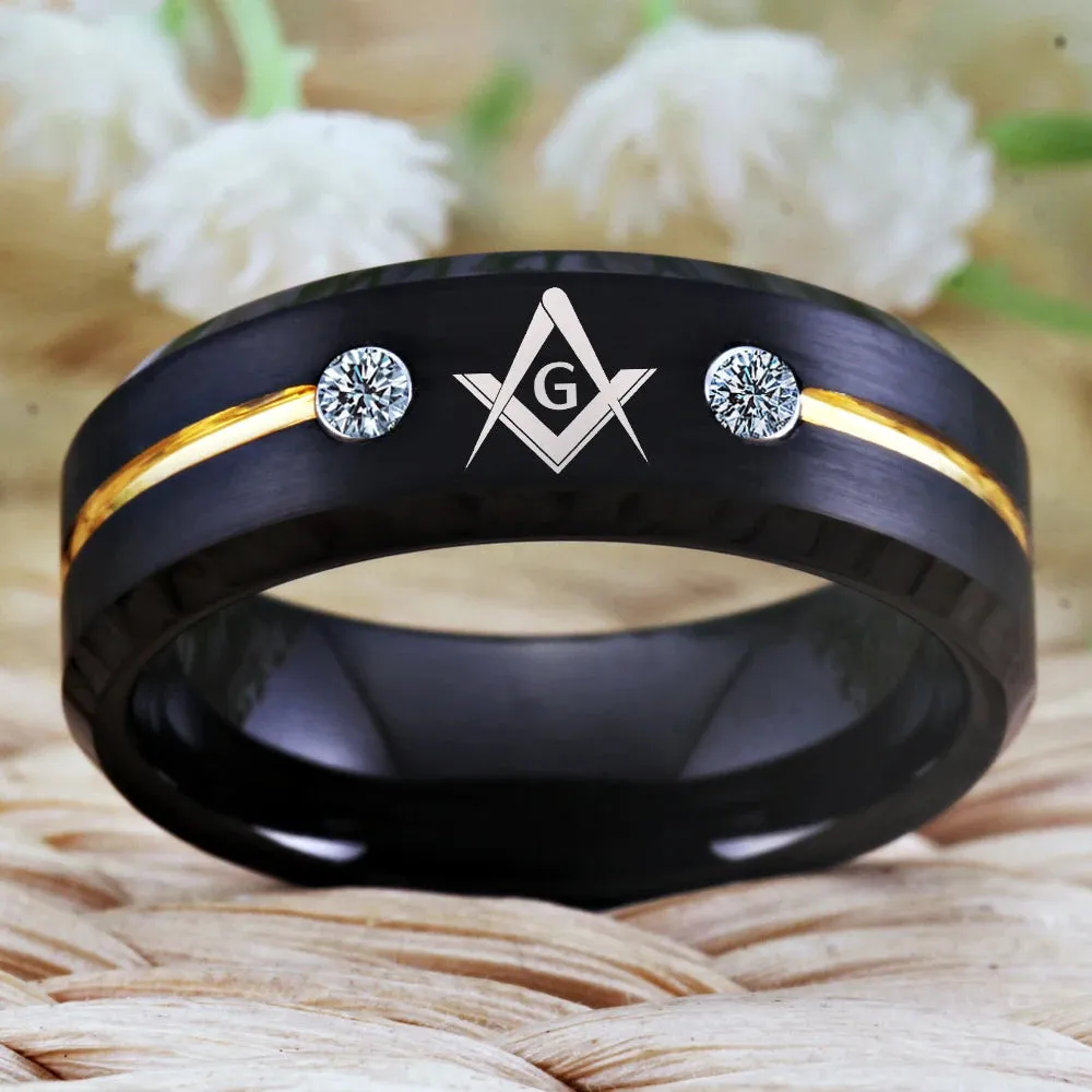 Men's Masonic Tungsten Carbide Ring Gold Line With Stones