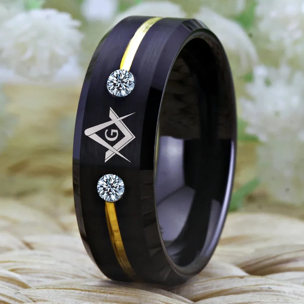 Men's Masonic Tungsten Carbide Ring Gold Line With Stones