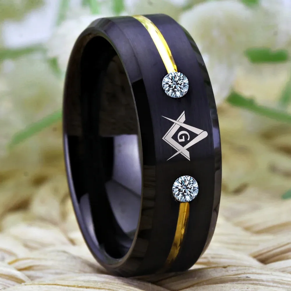 Men's Masonic Tungsten Carbide Ring Gold Line With Stones