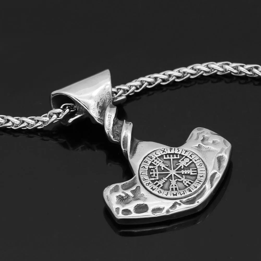 Men's Stainless Steel Nordic Thor's Hammer with Valknut Symbols Pendant Necklace