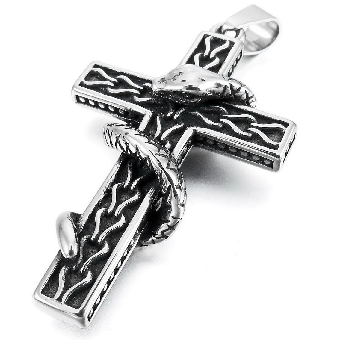 Men's Stainless Steel Pendant Necklace Silver Tone Black Cobra Snake Cross