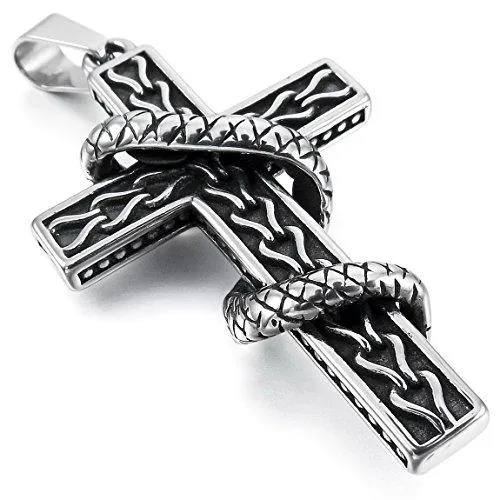 Men's Stainless Steel Pendant Necklace Silver Tone Black Cobra Snake Cross