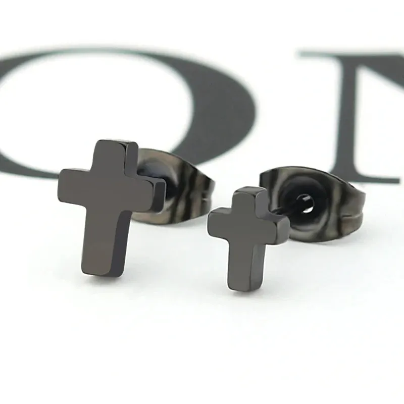 Men's Stainless Steel Stud Earrings Black Cross Vintage