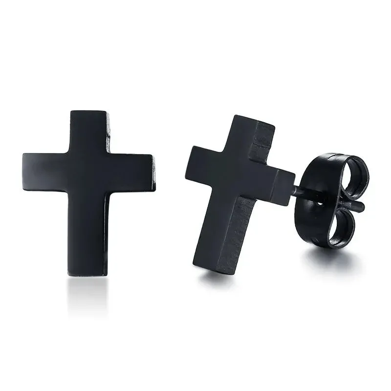 Men's Stainless Steel Stud Earrings Black Cross Vintage