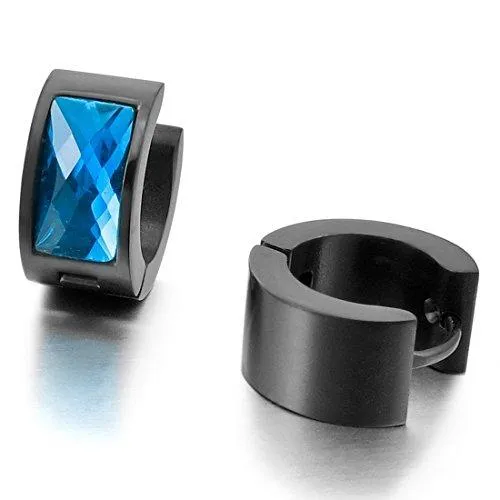 Men's Stainless Steel Stud Hoop Huggie Earrings CZ Black Blue