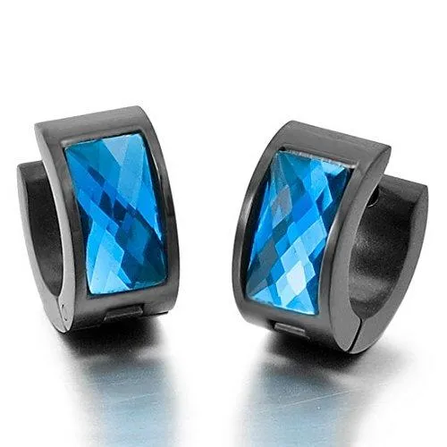 Men's Stainless Steel Stud Hoop Huggie Earrings CZ Black Blue