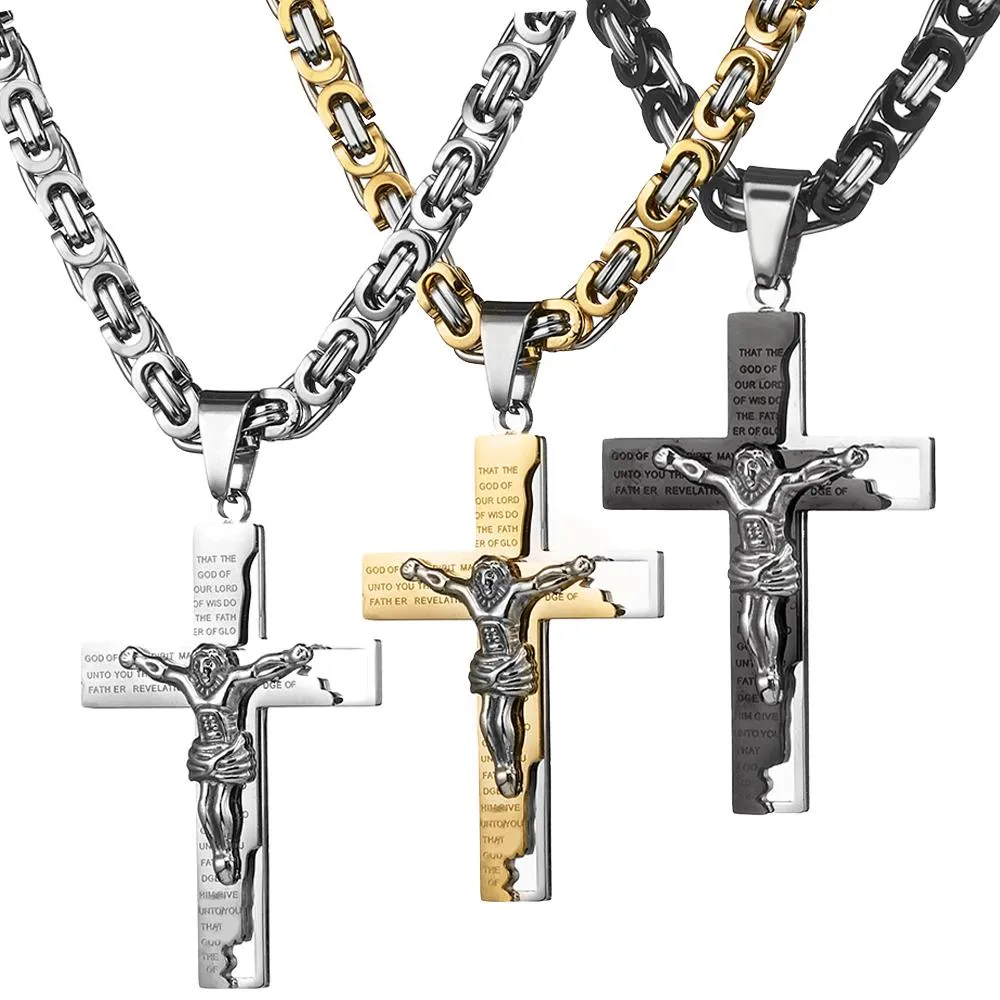 Men’s Stainless Steel Two-Tone Jesus Cross Pendant on Byzantine Chain Necklace