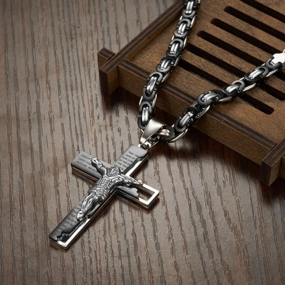 Men’s Stainless Steel Two-Tone Jesus Cross Pendant on Byzantine Chain Necklace