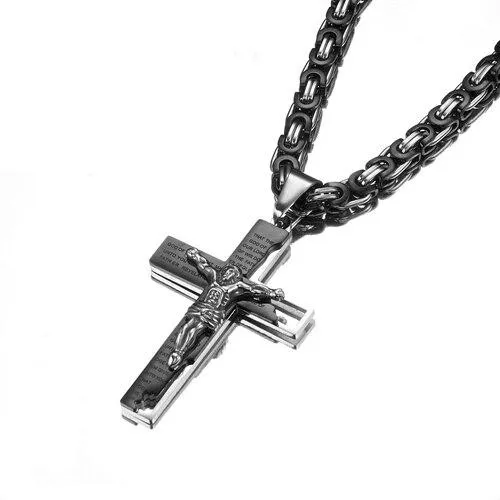 Men’s Stainless Steel Two-Tone Jesus Cross Pendant on Byzantine Chain Necklace