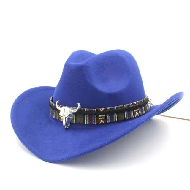 Metal Bull Skull Cowboy Hat with Colorful Patterned Band