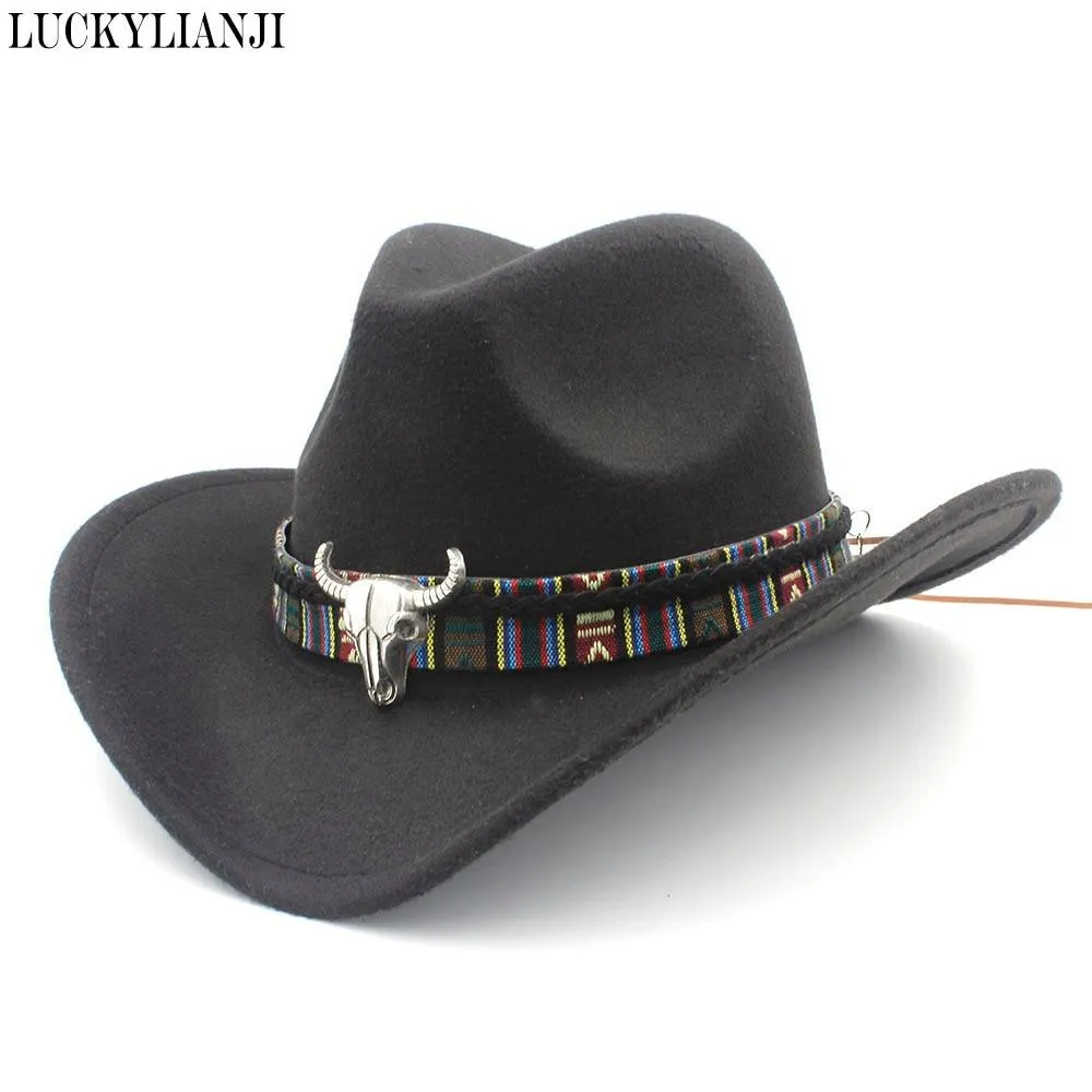 Metal Bull Skull Cowboy Hat with Colorful Patterned Band