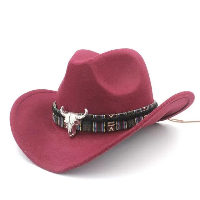 Metal Bull Skull Cowboy Hat with Colorful Patterned Band