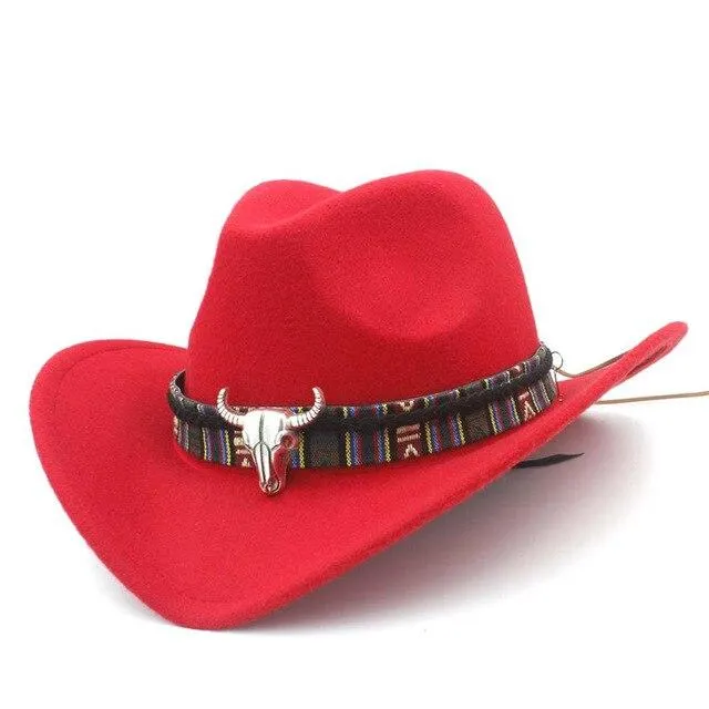 Metal Bull Skull Cowboy Hat with Colorful Patterned Band