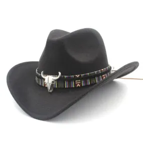 Metal Bull Skull Cowboy Hat with Colorful Patterned Band