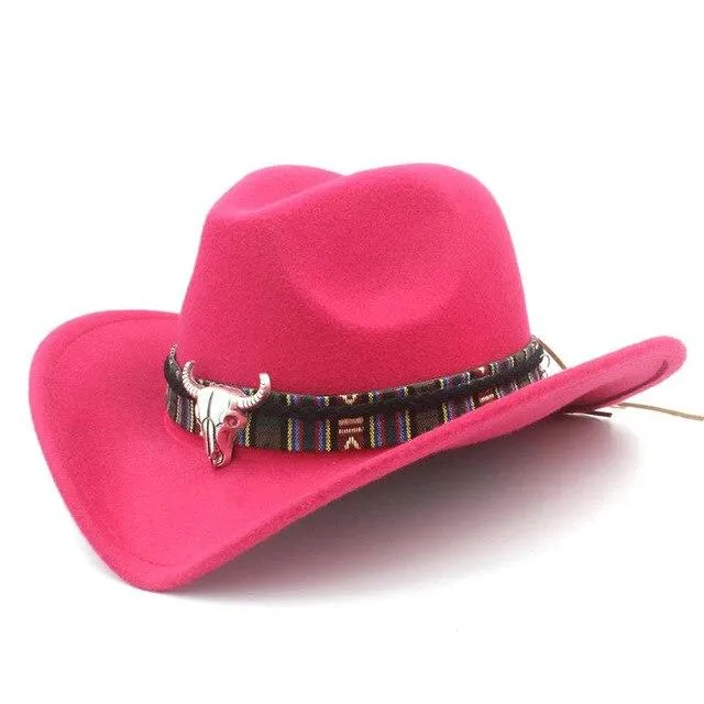 Metal Bull Skull Cowboy Hat with Colorful Patterned Band