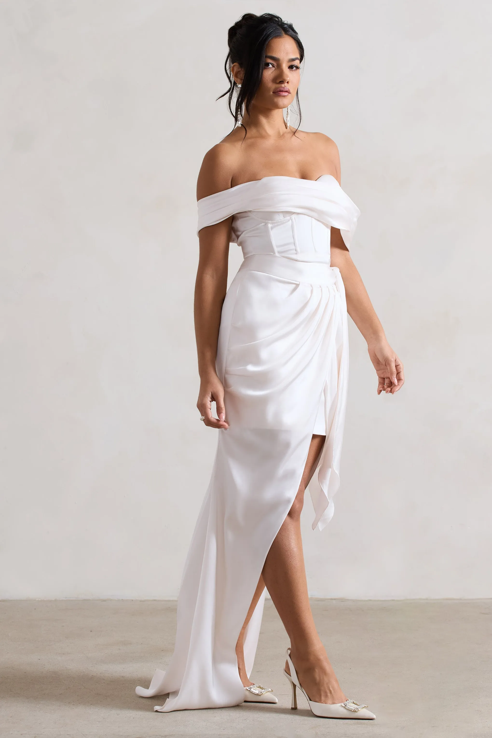 Milano | Cream Satin Bardot Maxi Dress With Detachable Skirt