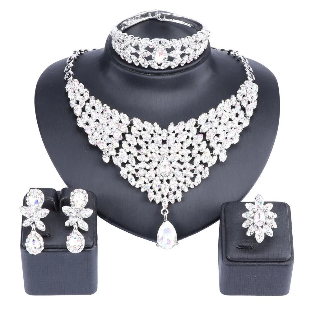 Moroccan Style Crystal and Rhinestone Necklace, Bracelet, Earrings & Ring Wedding Jewelry Set