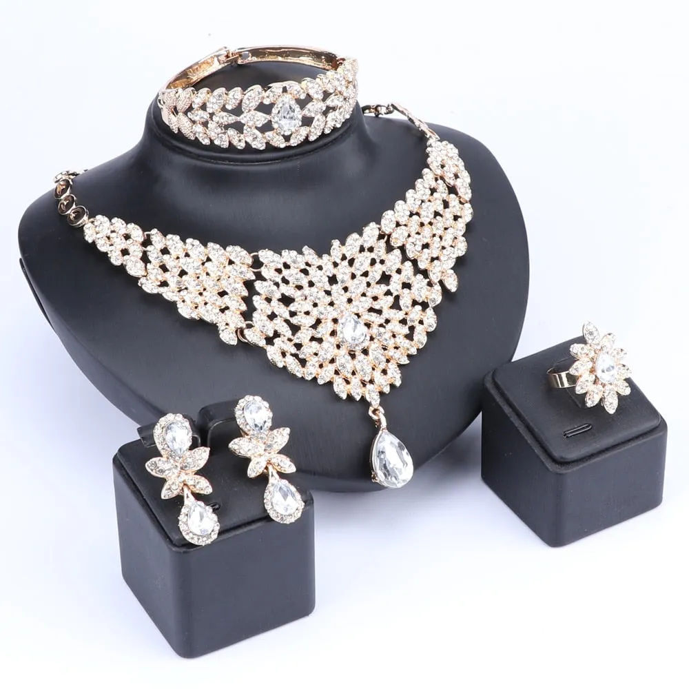 Moroccan Style Crystal and Rhinestone Necklace, Bracelet, Earrings & Ring Wedding Jewelry Set