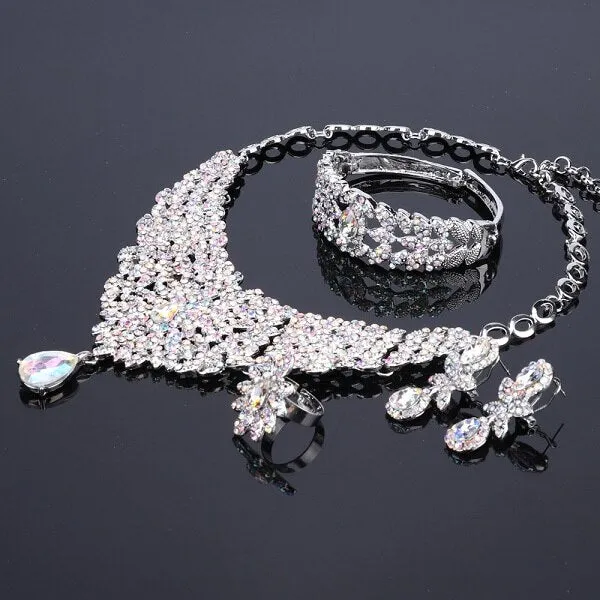 Moroccan Style Crystal and Rhinestone Necklace, Bracelet, Earrings & Ring Wedding Jewelry Set