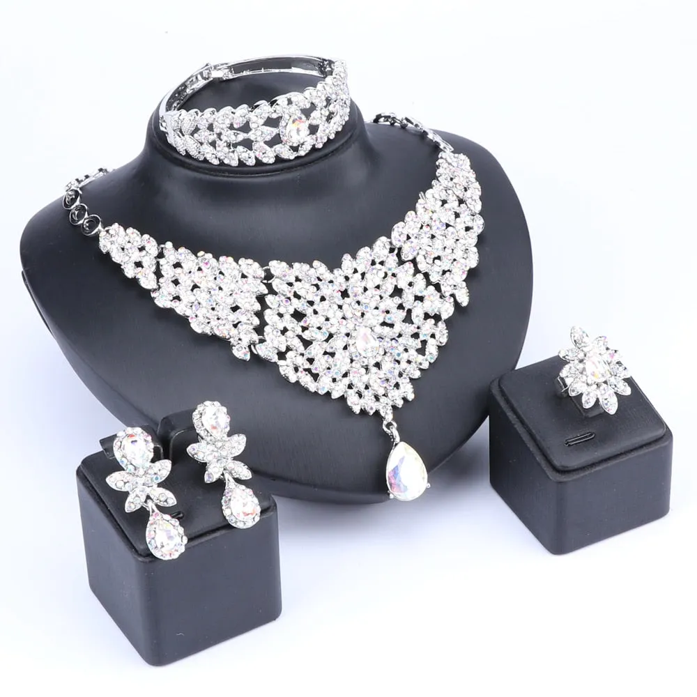 Moroccan Style Crystal and Rhinestone Necklace, Bracelet, Earrings & Ring Wedding Jewelry Set