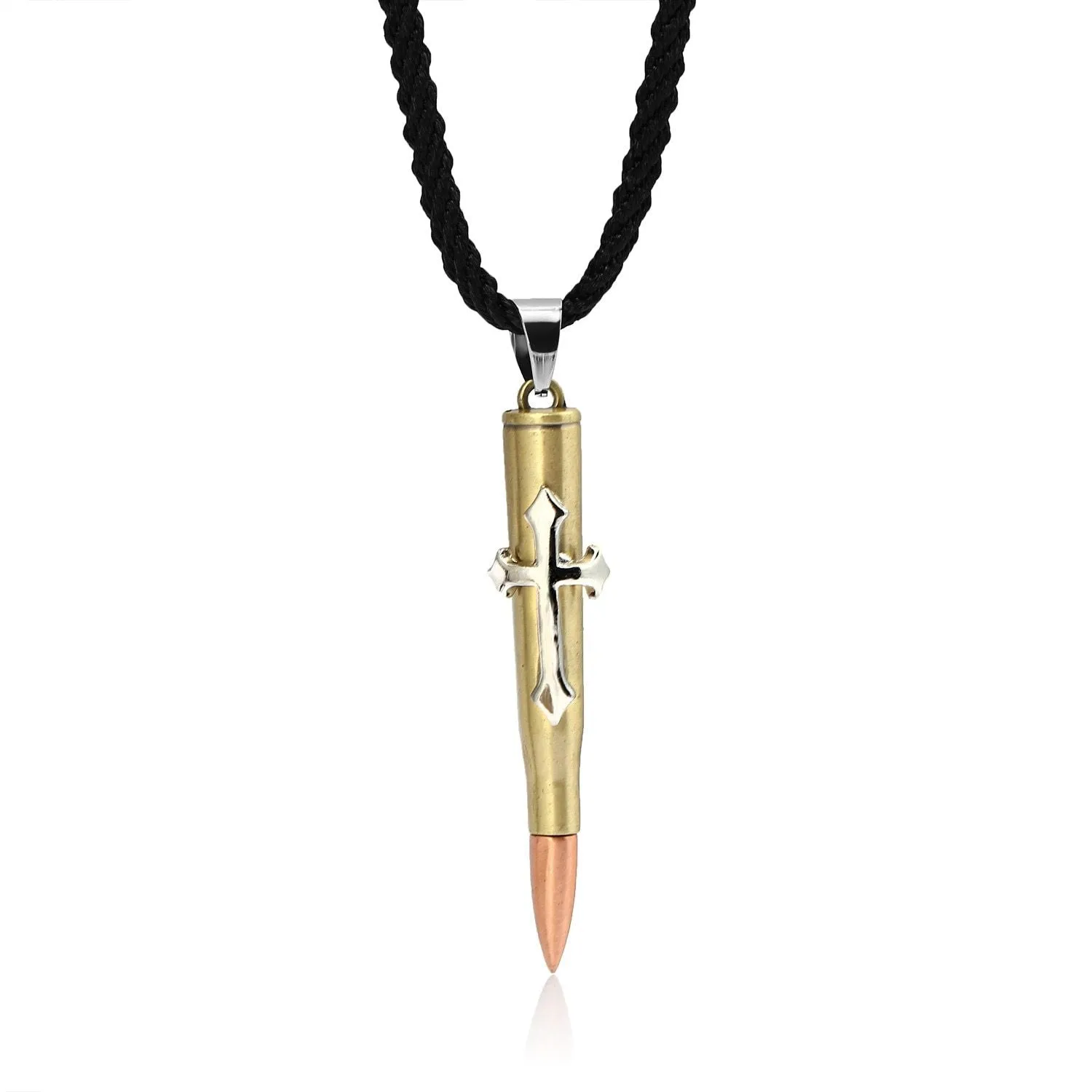 Multi-tone Silver, Gold, and Brass Rifle Bullet Pendant with Rope Necklace