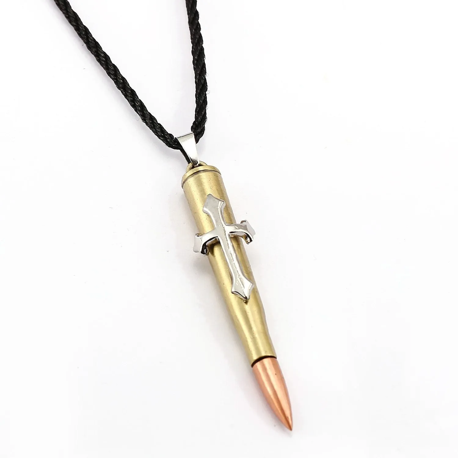 Multi-tone Silver, Gold, and Brass Rifle Bullet Pendant with Rope Necklace