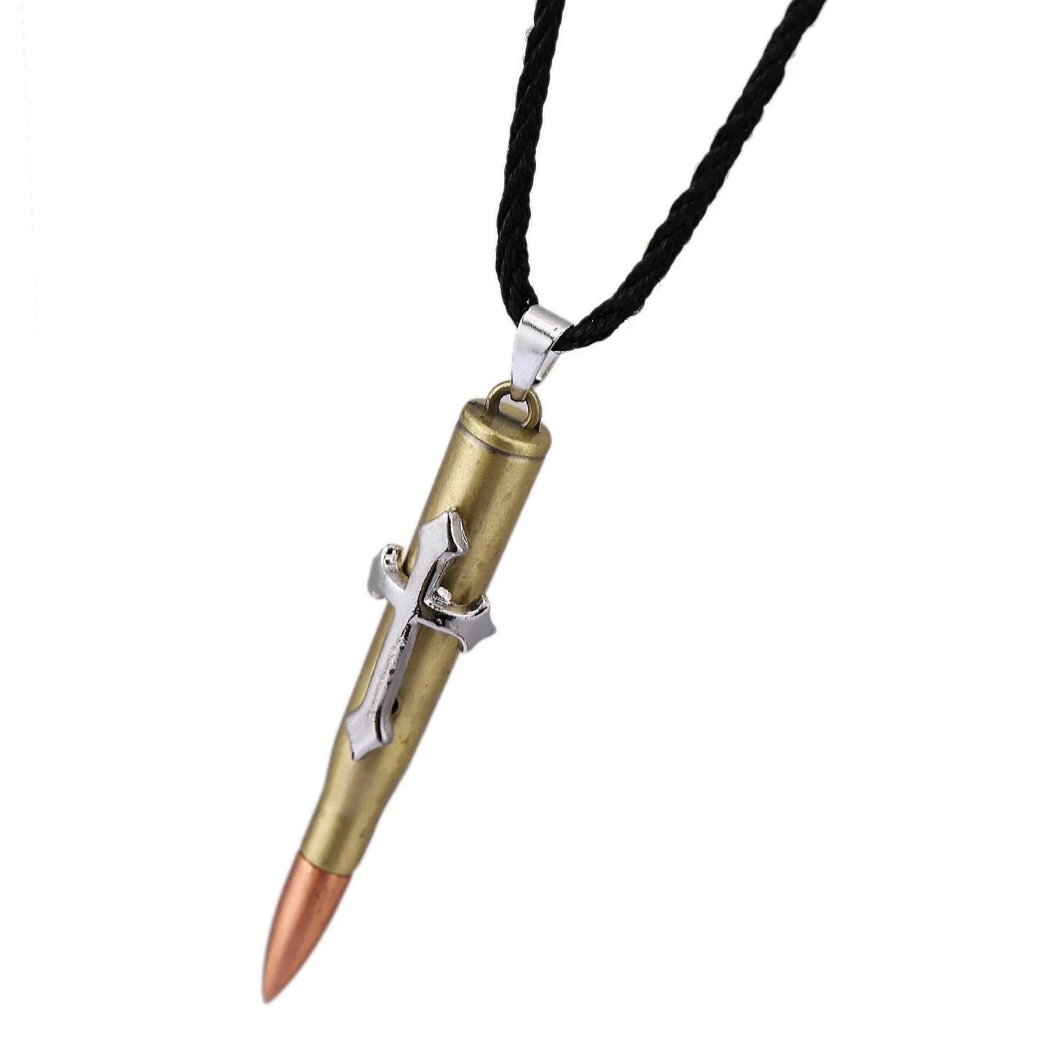 Multi-tone Silver, Gold, and Brass Rifle Bullet Pendant with Rope Necklace