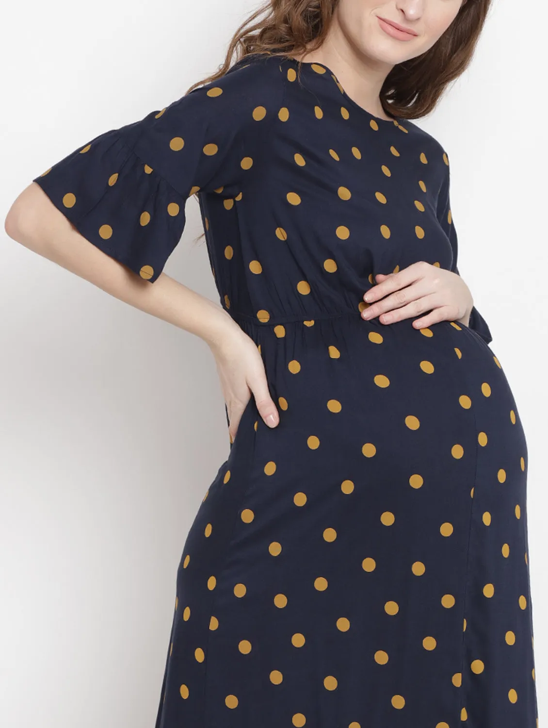 Navy Blue Polka Dot Print Maternity and Nursing Maxi Dress