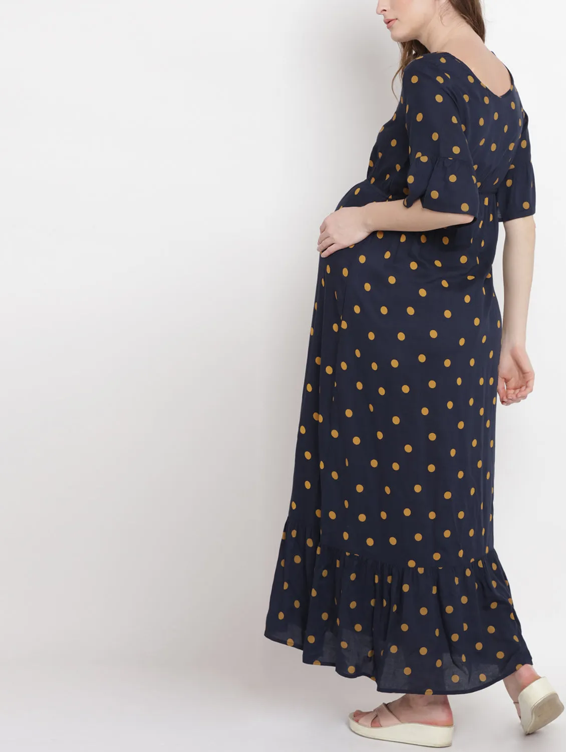 Navy Blue Polka Dot Print Maternity and Nursing Maxi Dress