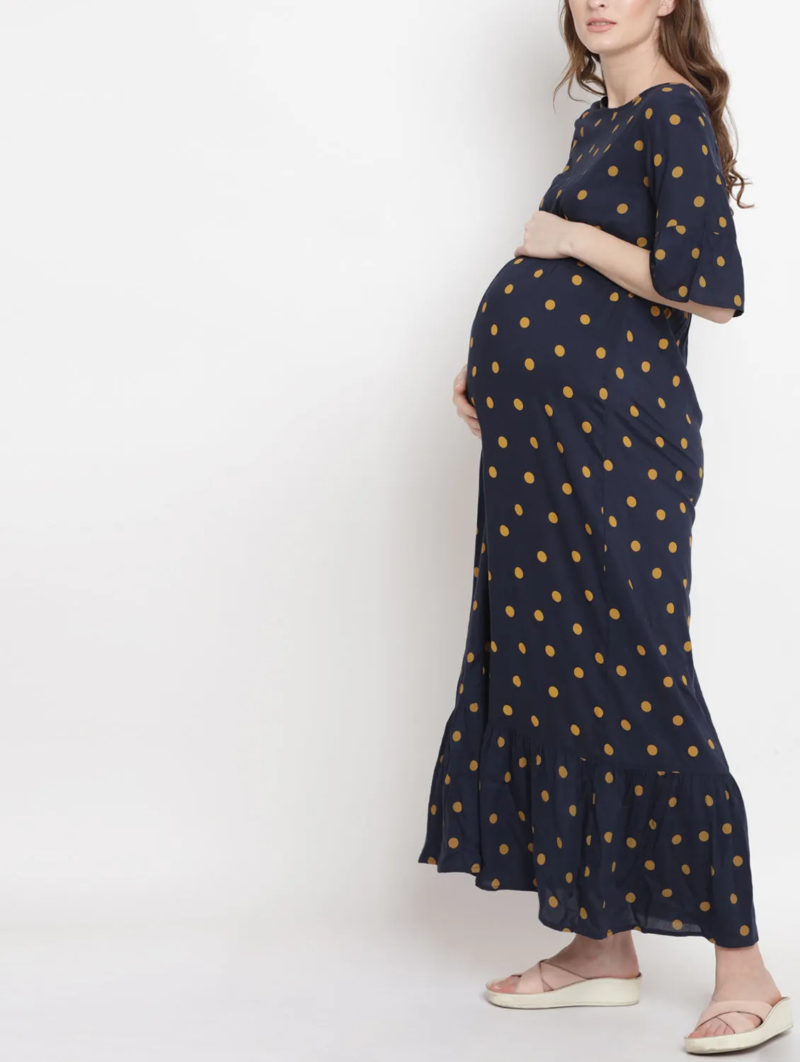 Navy Blue Polka Dot Print Maternity and Nursing Maxi Dress