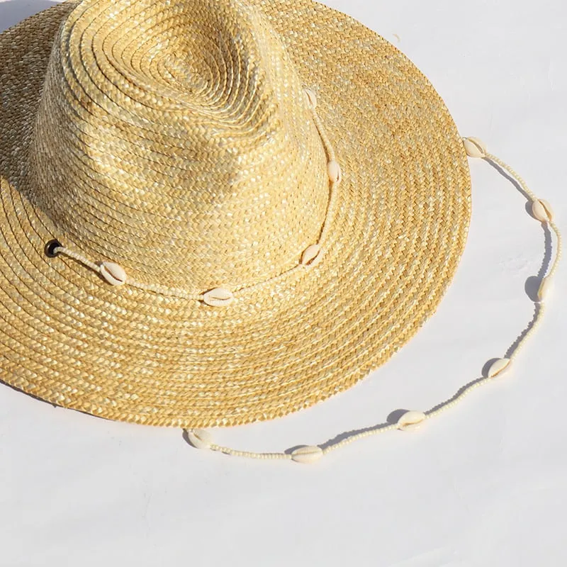 New Seashells Beaded Beach Hats With Chain For Women Fashion Straw Woven Fedora Sun Hats Summer Holidaty Panama Hat