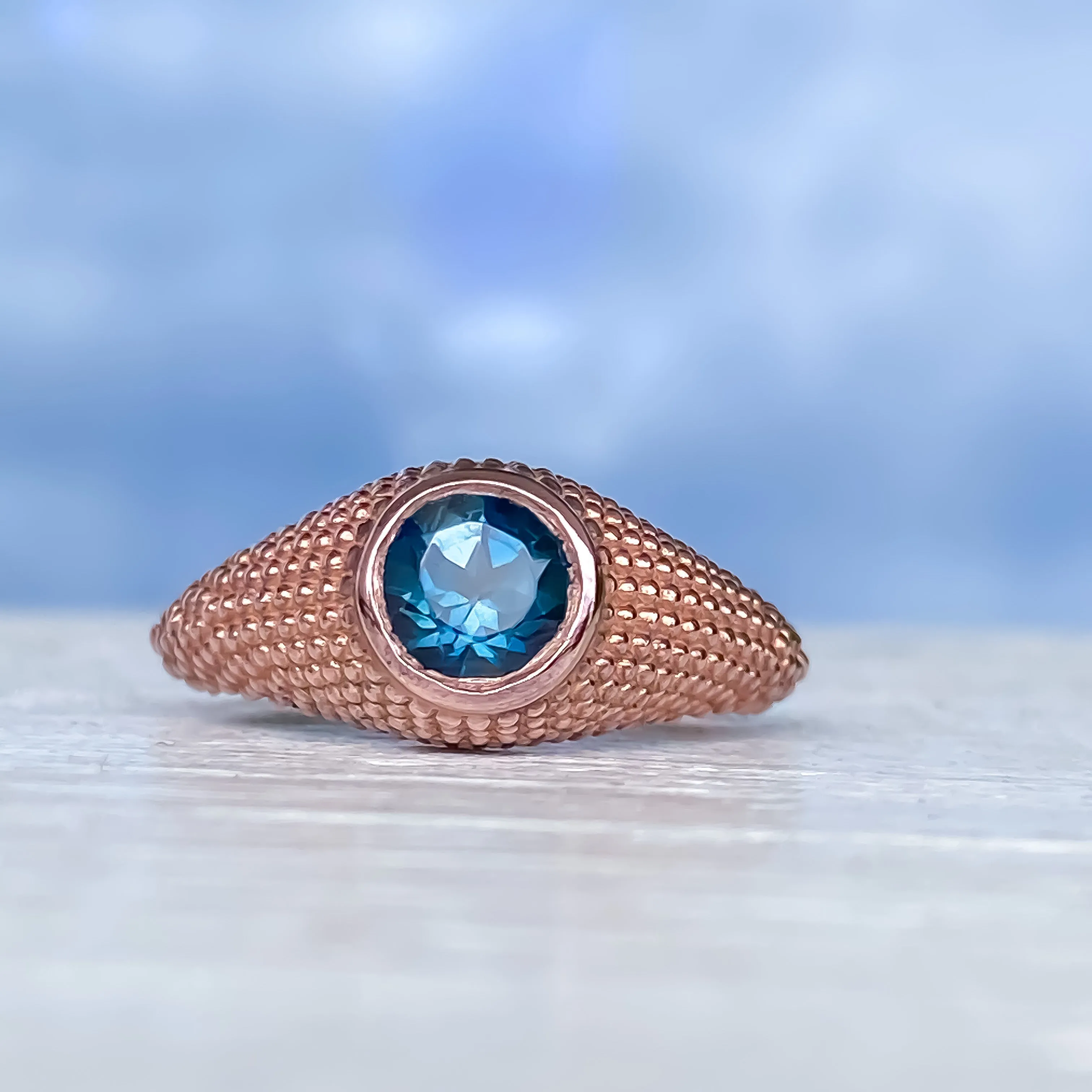 Nubia Round London Blue Topaz Rose Gold Ring Size 7US