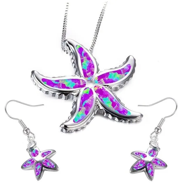 Ocean Starfish Fire Opal Necklace & Earrings Classic Trendy Jewelry Set