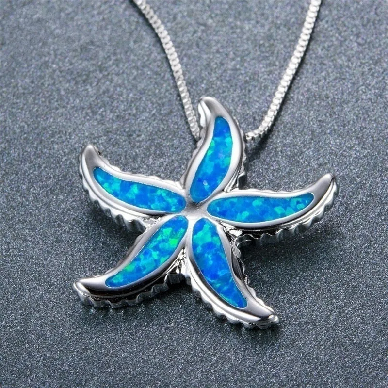 Ocean Starfish Fire Opal Necklace & Earrings Classic Trendy Jewelry Set