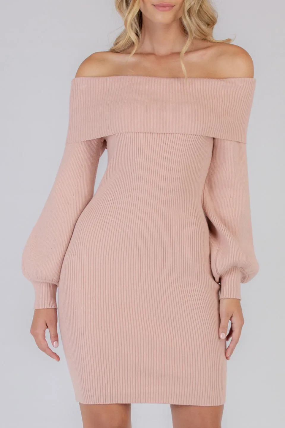 Off Shoulder Bubble Sleeve Blush Knit Dress