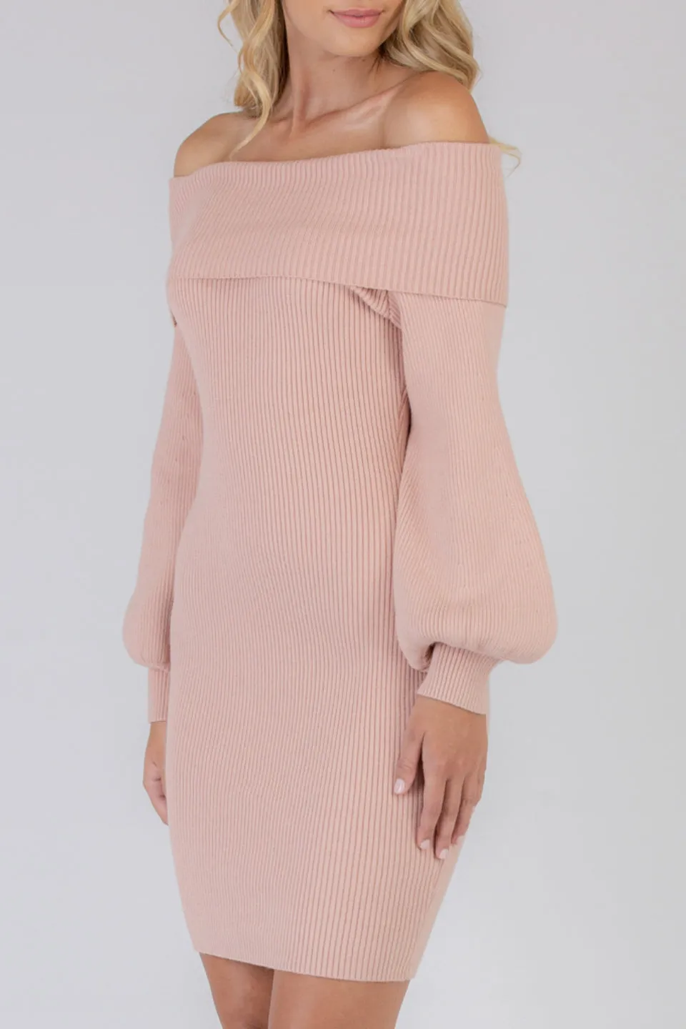 Off Shoulder Bubble Sleeve Blush Knit Dress