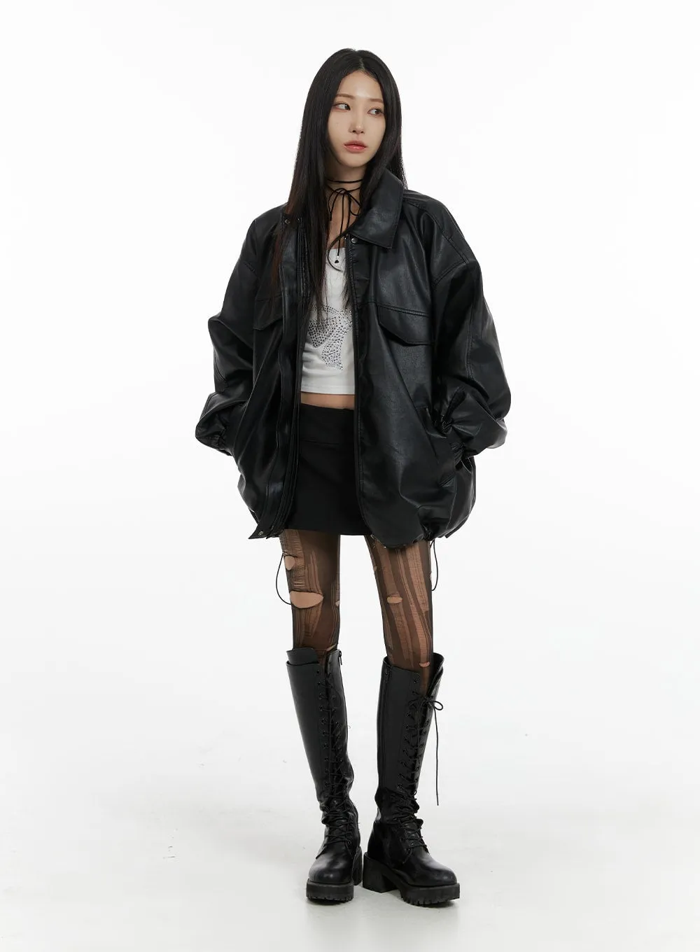 Oversized Faux Leather Jacket CF428