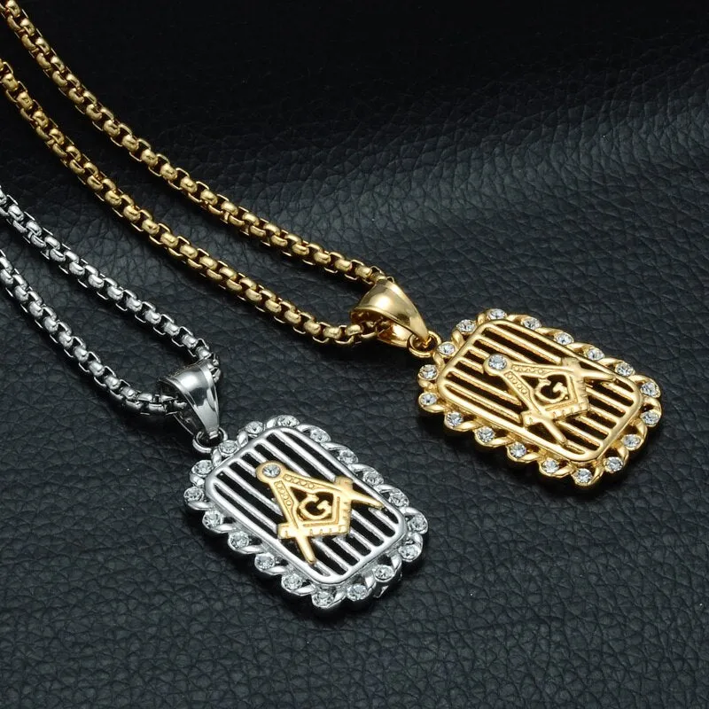 Paved Crystal Square Freemason Bling Stainless Steel Hip-hop Pendant Necklace