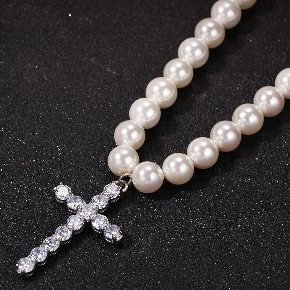 Pearl Necklace with Cubic Zirconia Cross Pendant Necklace