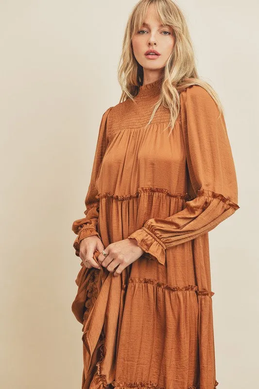 Penelope Smocked Midi Dress in Rust