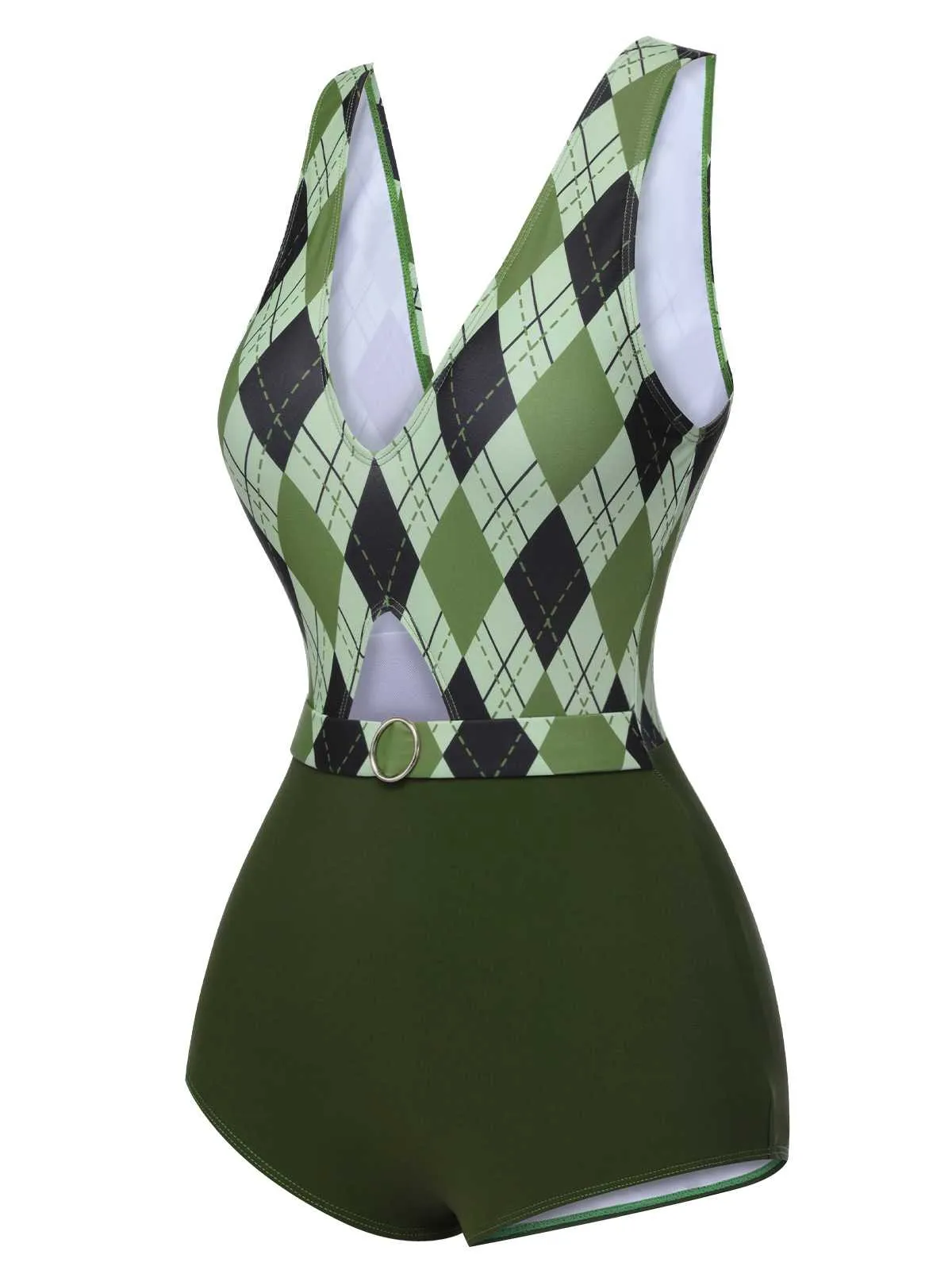 [Pre-Sale] Green 1940s Diamond Grid V-Neck One-Piece Swimsuit