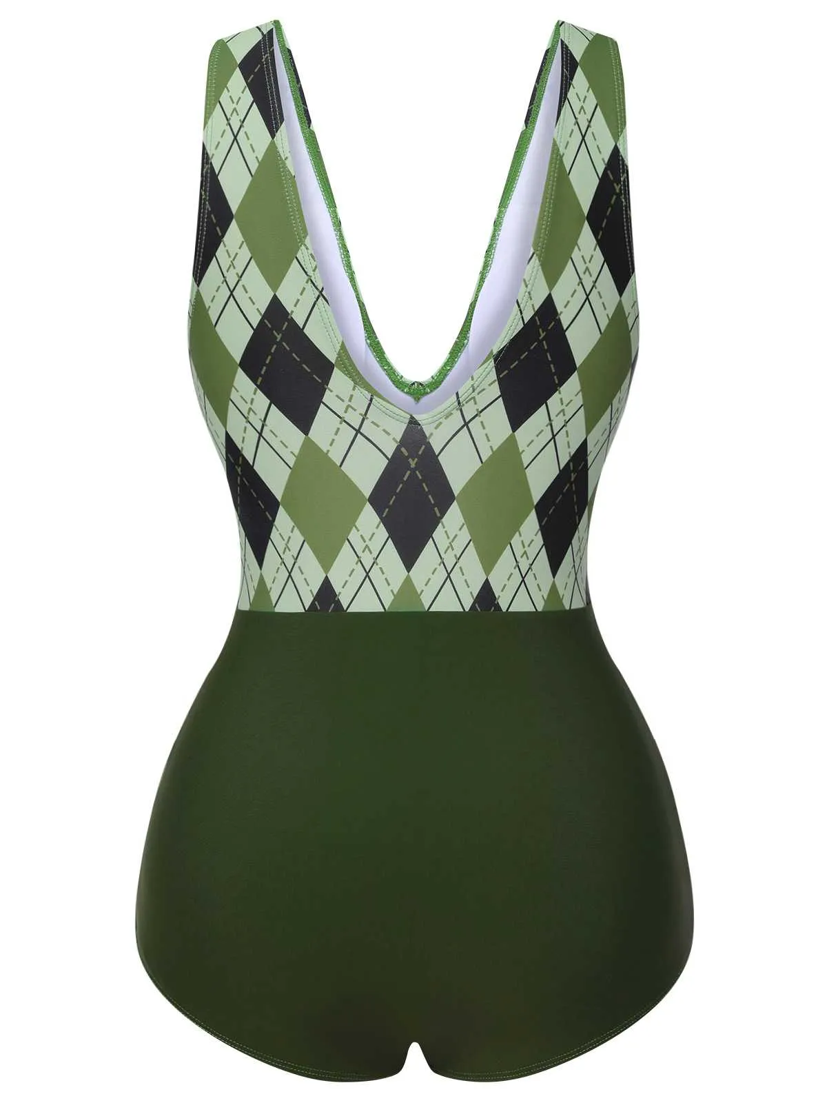 [Pre-Sale] Green 1940s Diamond Grid V-Neck One-Piece Swimsuit